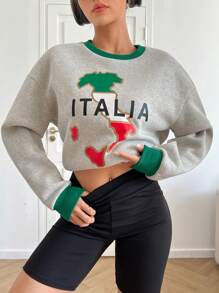SHEIN EZwear Letter & Map Graphic Contrast Trim Drop Shoulder Sweatshirt - Light Grey - View 5