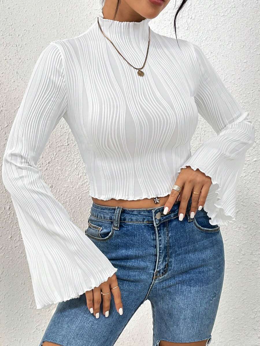 SHEIN Privé Ren Mộc nhĩ Tay áo kèn  Cổ giả Áo thun - trắng - Xem 1