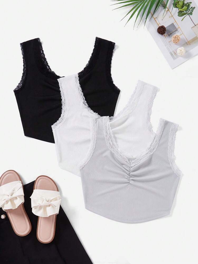 3pcs Lace Trim Ruched Tank Top