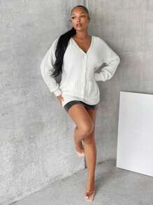 SHEIN SXY Cárdigan casual de una hilera de botones con bolsillo, de manga larga y escote caído para mujer, para otoño/invierno - Blanco - Ver 4