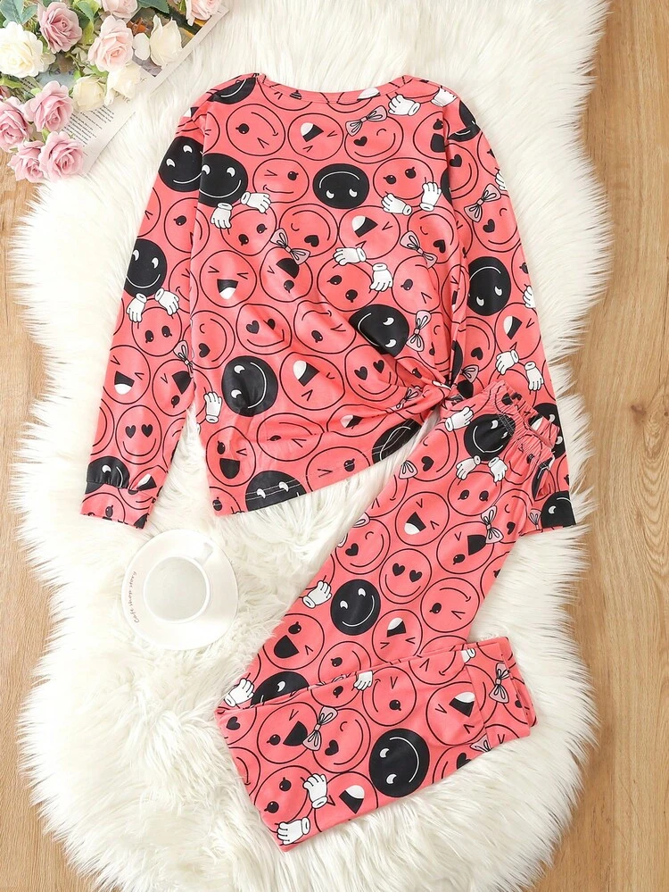 Girls' Fun Emoticon Design Knitted Round Neck Long Sleeve And Long Pants Homewear Set For Autumn