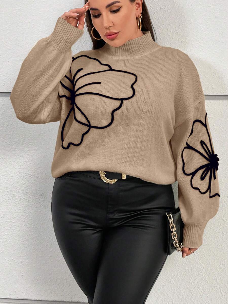 SHEIN Privé Plus Size 3d Flower Stand Collar Drop Shoulder Pullover Sweater, For Winter - Khaki - View 1