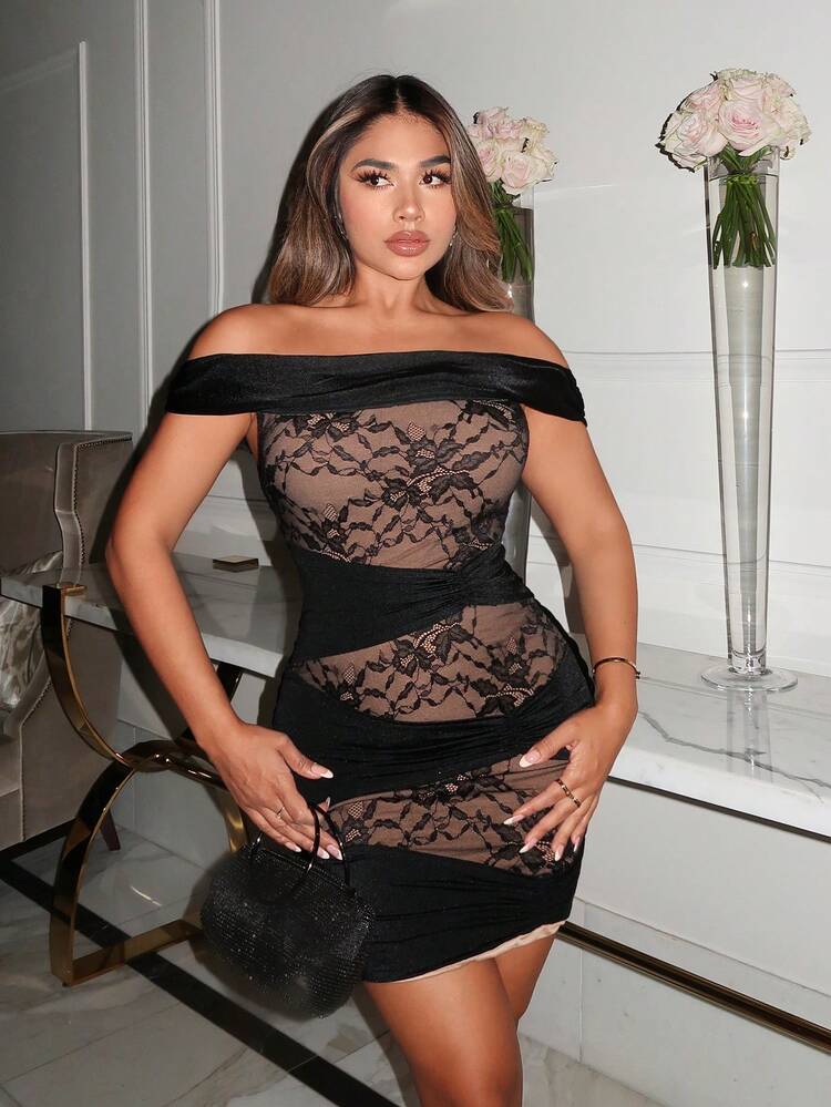 Women'S Asymmetric Fold Over Off-Shoulder Mesh Long Sleeve Bodycon Dress With Pleats	
Dinner Dress
Elegant Party
Lace Dress
Sexy Lace
Color Contrast
Evening Dress
Party Dress                                Holiday Party Dress                   Tea Party Dress                           Pretty Party