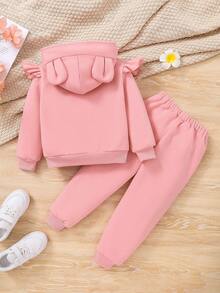 女小童字母貼布荷葉邊3D耳朵設計連帽衫和運動褲 - 粉色 - 查看 2