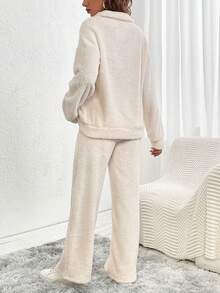SHEIN LUNE 前拉鍊落肩袖絨毛衛衣和褲子 - 卡其色 - 查看 2