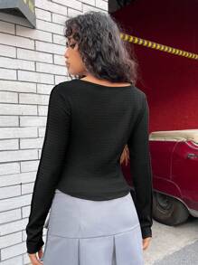 SHEIN EZwear Scoop Cổ Nút Nửa Mặt trước Áo thun - màu đen - Xem 2