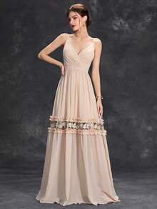 繡花荷葉邊伴娘長裙 - 杏色 - 查看 6