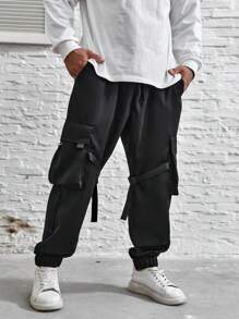 Manfinity Roghcode 男士鬆身口袋軍褲,帶有門襟口袋和側拉繩腰,大尺寸 - 黑色 - 查看 6