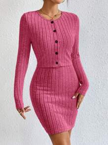 SHEIN Essnce Chất rắn Nút phía trước Áo khoác & Váy liền áo - Màu Hồng Tươi - Xem 7