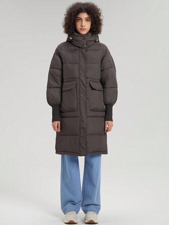 Flap Pocket Hooded Padded Coat
