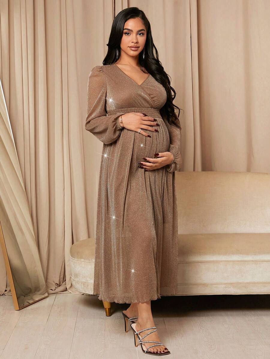SHEIN 孕婦燈籠袖金屬光澤裙