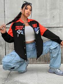 SHEIN Coolane Hơn Đồ họa Chữ cái Khối màu Thả vai Áo khoác bomber - Nhiều màu - Xem 5