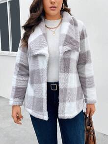 SHEIN LUNE Hơn In kẻ sọc Buffalo Mở Mặt trước Lông cừu áo - Nhiều màu - Xem 5