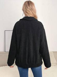 SHEIN 孕妇落肩翻盖口袋泰迪外套，适合冬季 - 黑色 - 查看 2