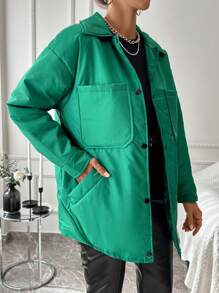 SHEIN Cottnline Drop Shoulder Pocket Patched Winter Coat - Green - View 4