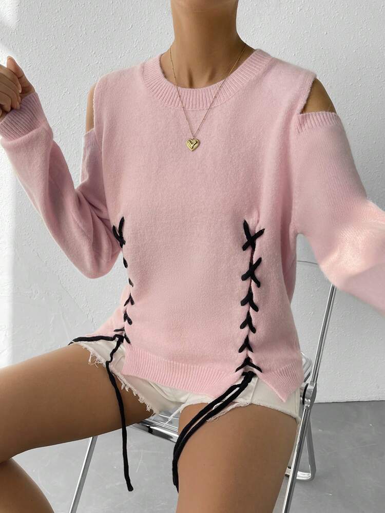 Cold Shoulder Lace Up Front Knit Pullover Fall Winter Sweater