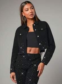 SHEIN BAE Chaqueta Vaquera Corta Para Mujer Con Decoración Adornada Con Diamantes De Imitación - Negro - Ver 1