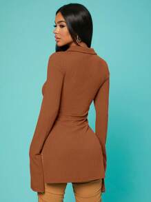 SHEIN SXY Nút phía trước Tách tay áo Áo thun - màu nâu - Xem 2