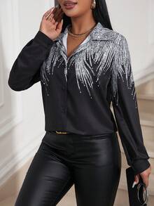 Chiquease 女士时尚通勤撞色印花衬衫 - 黑色 - 查看 4