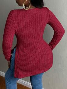 Slaydiva Hơn Viền chia cắt Đồ đan Ribbed Áo thun - Màu Đỏ Sâu - Xem 2