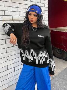 SHEIN Coolane 火和字母圖案落肩袖運動衫 - 黑色 - 查看 5