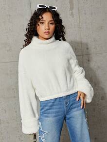 SHEIN Teen Girl Mock Neck Drop Shoulder Teddy Pullover - White - View 7