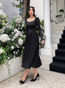 DAZY Vestido línea A unicolor de cuello cuadrado - Negro - Ver 6