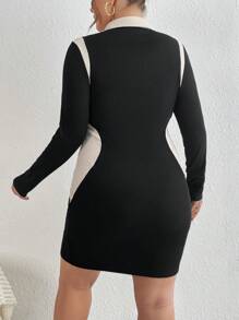 SHEIN Essnce 大碼拼接面1/4拉鍊緊身洋裝 - 黑色 - 查看 3