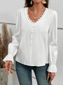 SHEIN VCAY Guipure Lace Trim Flare Sleeve Button Front Blouse - White - View 4
