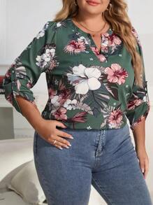 SHEIN LUNE 大碼印花缺口領捲邊袖襯衫 - 軍綠色 - 查看 6