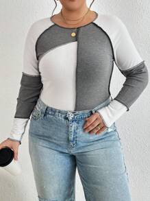 SHEIN Essnce 大碼雙色頂針插肩袖T恤 - 彩色 - 查看 3