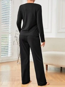 標語圖案T恤和褲子休閒套裝 - 黑色 - 查看 3