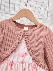 小女孩針織純色圓領拼接提花花邊底裙兩件套裝 - 彩色 - 查看 5