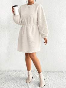 SHEIN Essnce 素色落肩袖搖粒絨洋裝 - 灰色 - 查看 3