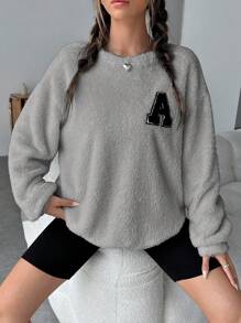 SHEIN EZwear 字母貼布落肩袖毛茸茸運動衫 - 灰色 - 查看 6