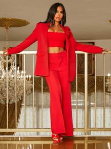 SHEIN SXY Solid Split Hem Wide Leg Suit Pants - Red - View 3