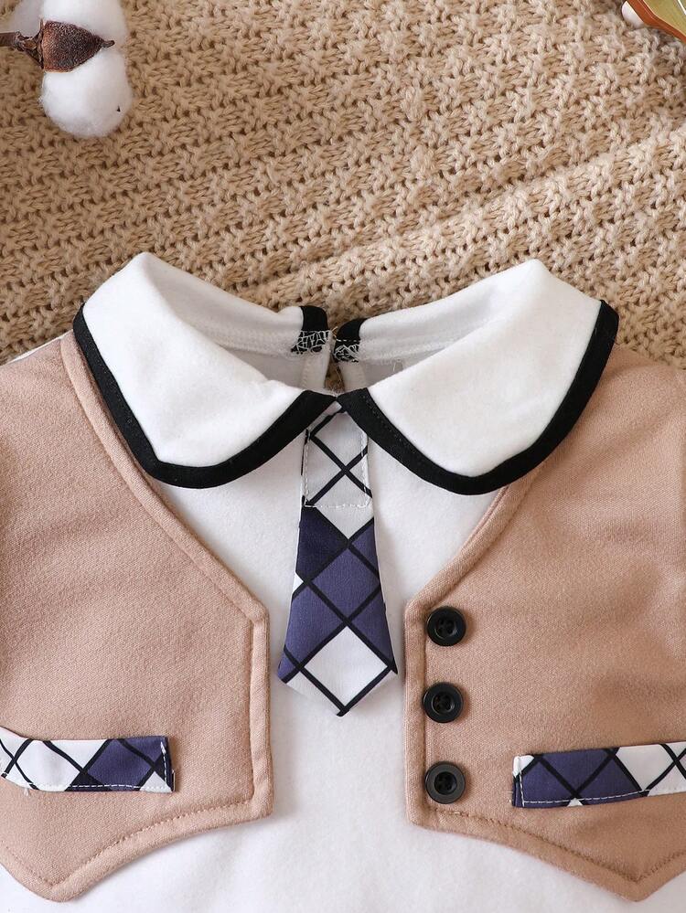 Baby Boy Tie Patched Button Detail 2 In 1 Jumpsuit With Tie