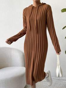 SHEIN Essnce Thả vai Dây rút áo có mũ Đầm Áo len - màu nâu - Xem 6