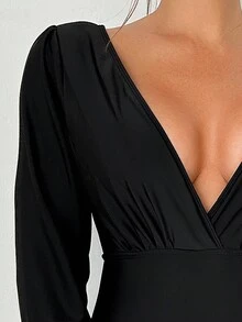 SHEIN Swim Solid Plunging Neck One Piece Swimsuit - Black - View 3