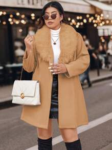 Celure Talla grande Abrigo de peluche cuello con cinturón - Caqui - Ver 6