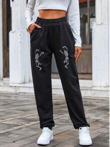 RueChic Skeleton Print Elastic Waist Sweatpants - Black - View 1