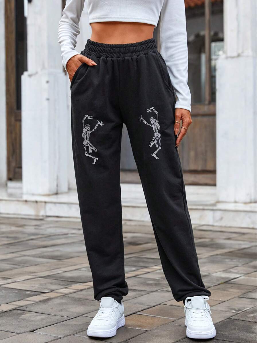 RueChic Skeleton Print Elastic Waist Sweatpants - Black - View 1