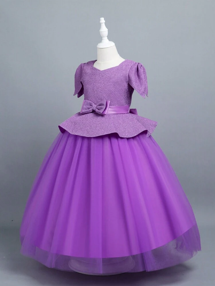 Tween Girl Contrast Mesh Bow Front Party Dress