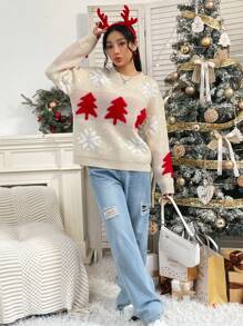 SHEIN Unity Christmas Tree & Snowflake Pattern Drop Shoulder Knit Pullover Fall Winter Sweater - Beige - View 5