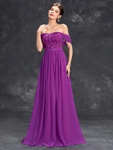 Off Shoulder Draped Back Chiffon Bridesmaid Dress - Red Violet - View 5