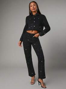 SHEIN BAE Jeans De Mezclilla Para Mujer Con Adornos De Diamantes De Imitación Para Fiesta De Nochevieja, Club Y Discoteca - Negro - Ver 2