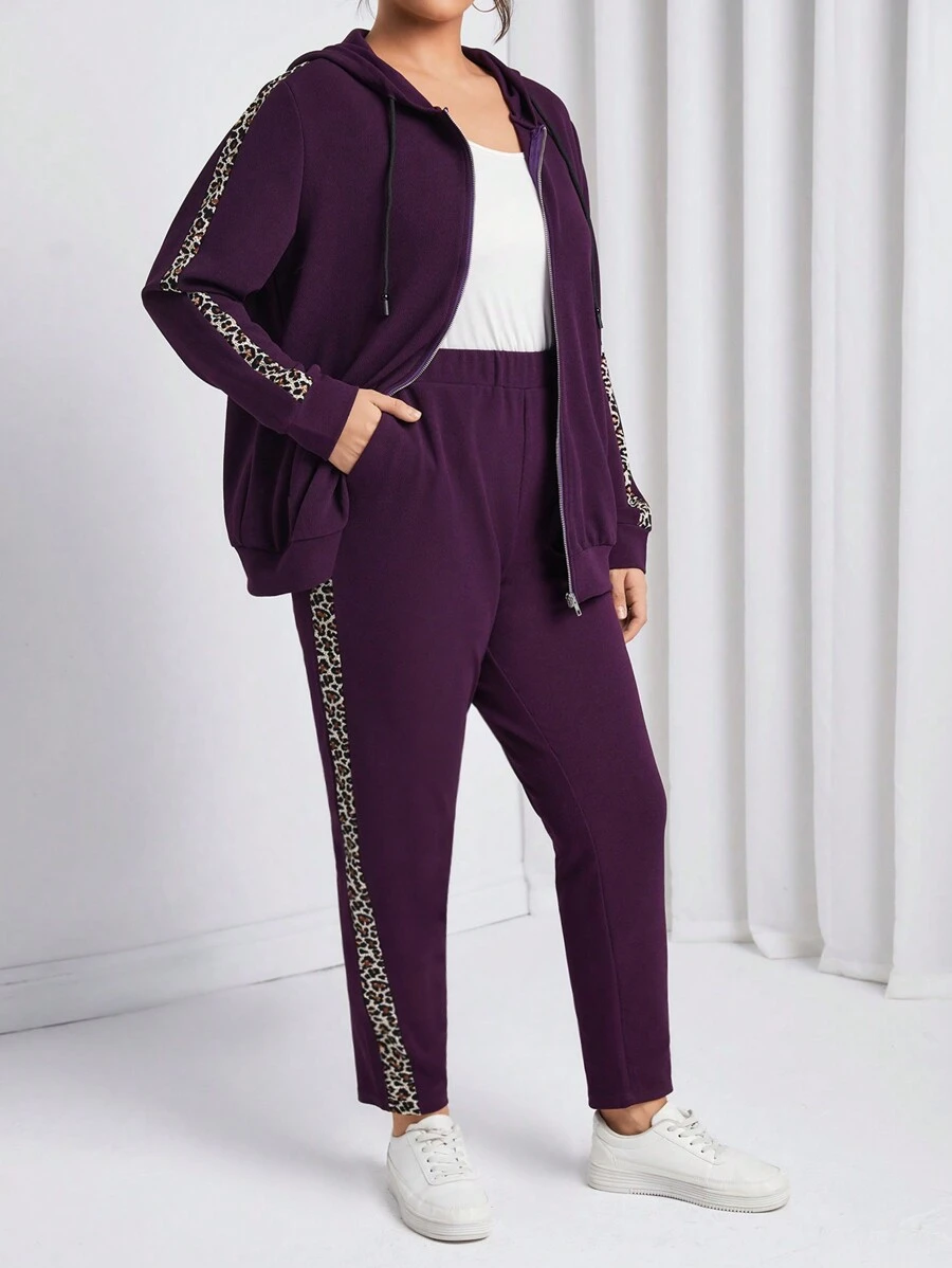 EMERY ROSE Hơn Tương phản Leopard Print Áo Zip Up Hoodie & Quần - Màu tím - Xem 1
