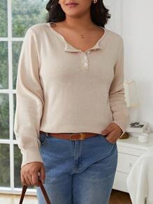 SHEIN Frenchy Suéter Con Media Tapeta Y Botones De Color Liso De Talla Grande - Caqui - Ver 6
