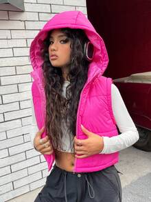 SHEIN EZwear 拉链连帽背心夹棉外套 - 玫紅色 - 查看 4