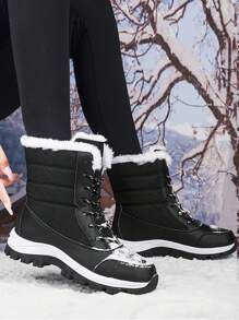 New Winter High-Top Anti-Slip Thick Plush Ladies Boots, Waterproof Outdoor Snow Boots, Fashionable Lace-Up Casual Black Thermal Lined Snow Boots, Warm Snow Boots For Couples, Winter Outdoor Sport Hiking Boots